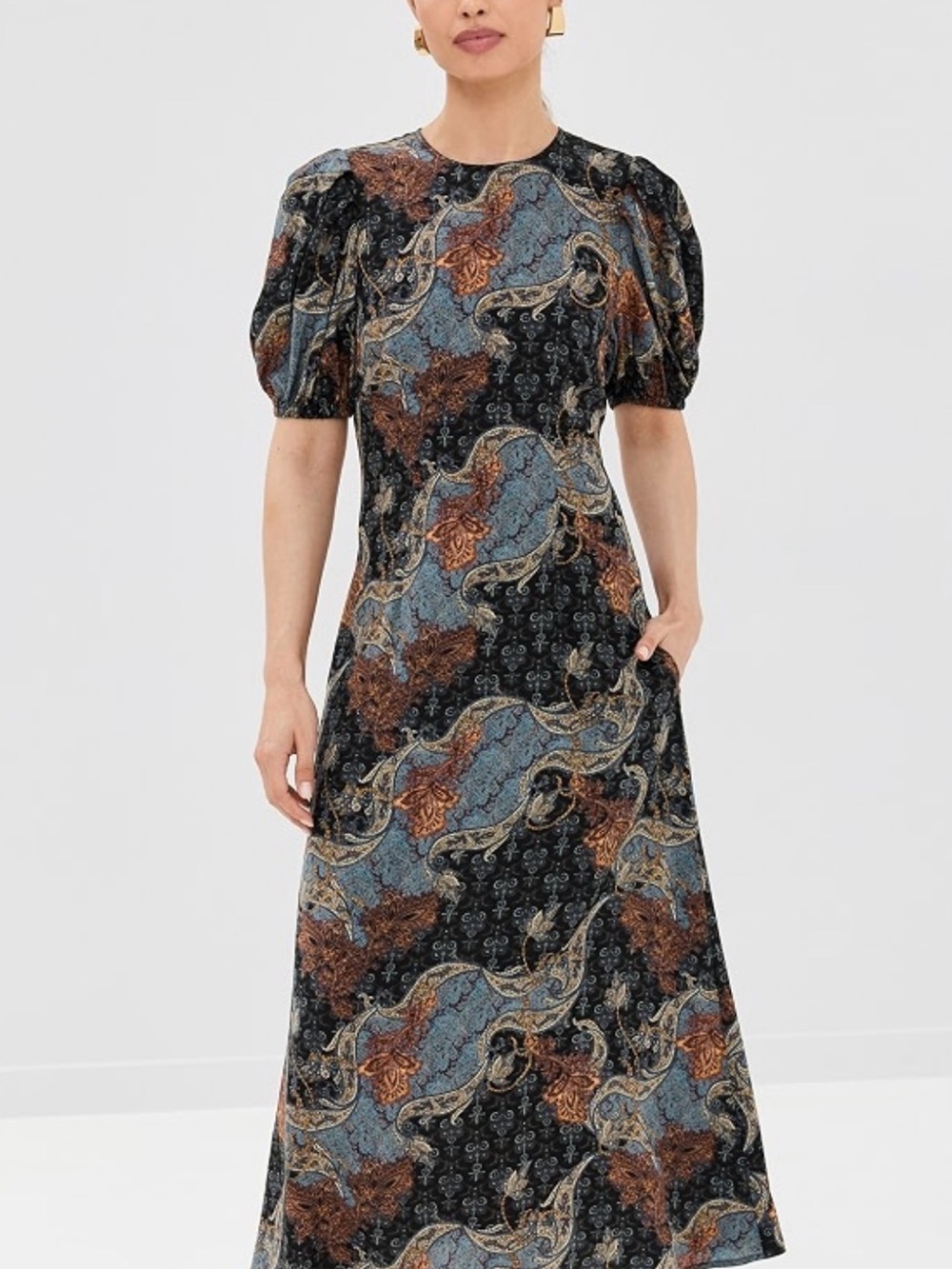 Ulla Johnson Calais Silk Black Maxi Dress with Brown and Blue Paisley - Picture 3 of 3